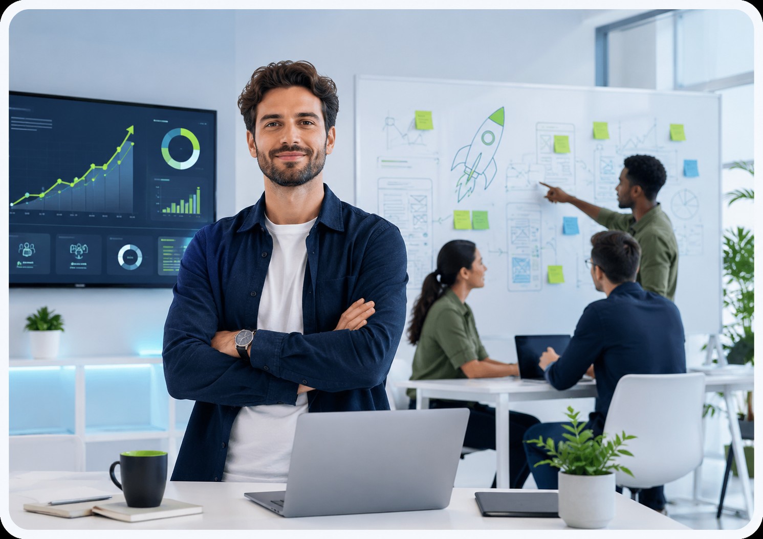 Entrepreneur et équipe startup qui travaillent sur une trajectoire de croissance, des indicateurs et une stratégie commerciale.